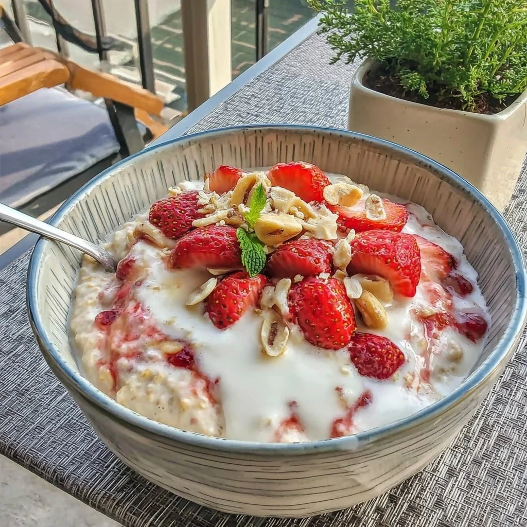 Strawberry cold foam overnight oats topped with fresh strawberries and mint leaves.