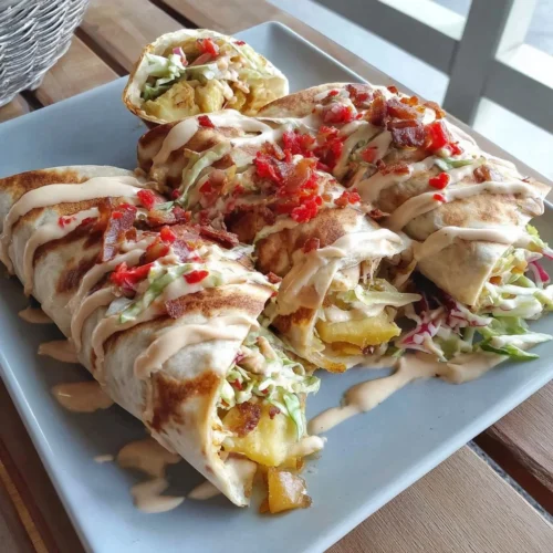 BBQ Chicken Coleslaw Wraps served on a plate with garnishes