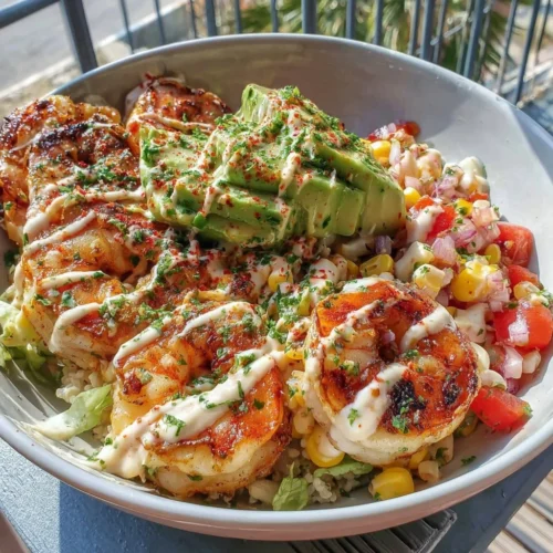Grilled Shrimp Bowl with Avocado, Corn Salsa & Creamy Sauce