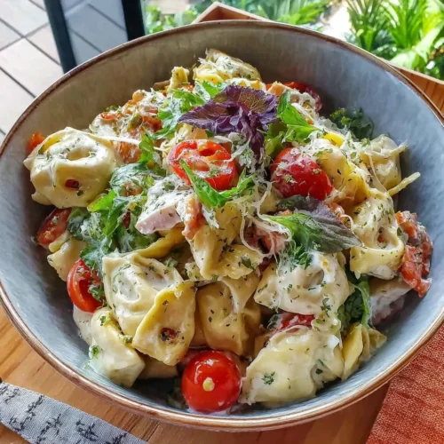 Delicious Hawaiian Tortellini Salad with fresh fruits and creamy dressing