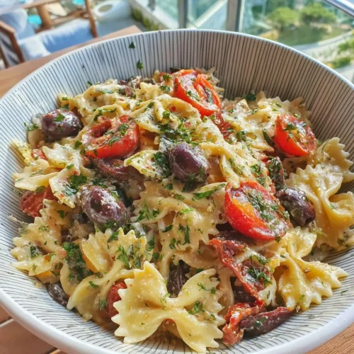 A vibrant bowl of Mediterranean Pasta Salad with colorful vegetables and herbs.