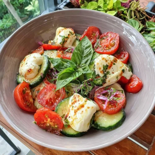 Juicy Cucumber Caprese Salad with fresh mozzarella, tomatoes, and basil