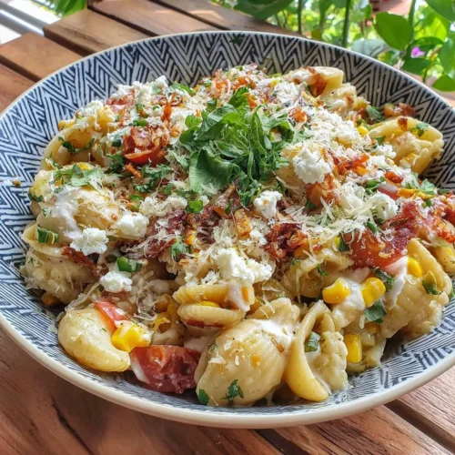 A colorful bowl of Mexican Street Corn Pasta Salad with fresh ingredients and spices.