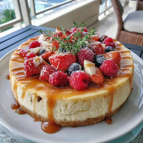 Summer berry and peach cheesecake topped with fresh berries
