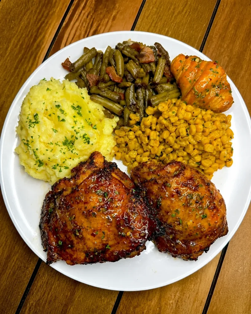 Baked Chicken Thighs with Mashed Potatoes and Vegetables – Tender, Juicy and Nutritious Comfort Food