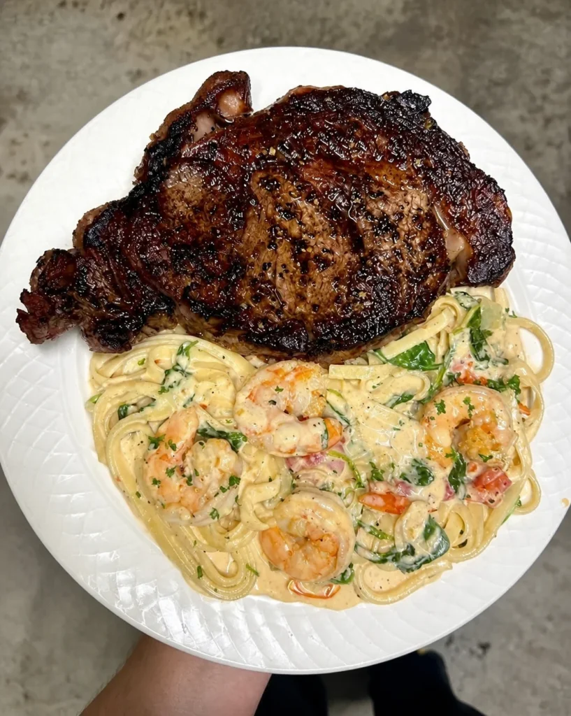 Creamy shrimp pasta with ribeye, cooked medium rare