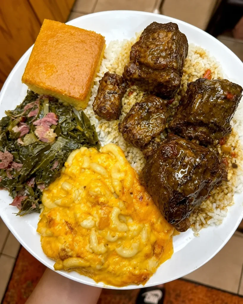 Delicious oxtail dinner plate with rice, collard greens, baked mac, cornbread 🔥🔥🔥 Love me a hearty home cooked meal 🤤