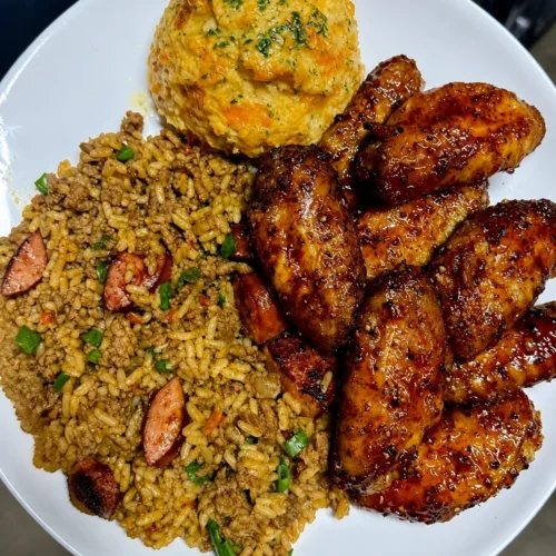 Loaded Dirty Rice and Wings Plate with Cheddar Bay Biscuit