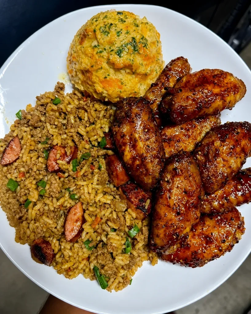Loaded Dirty Rice and Wings Plate with Cheddar Bay Biscuit