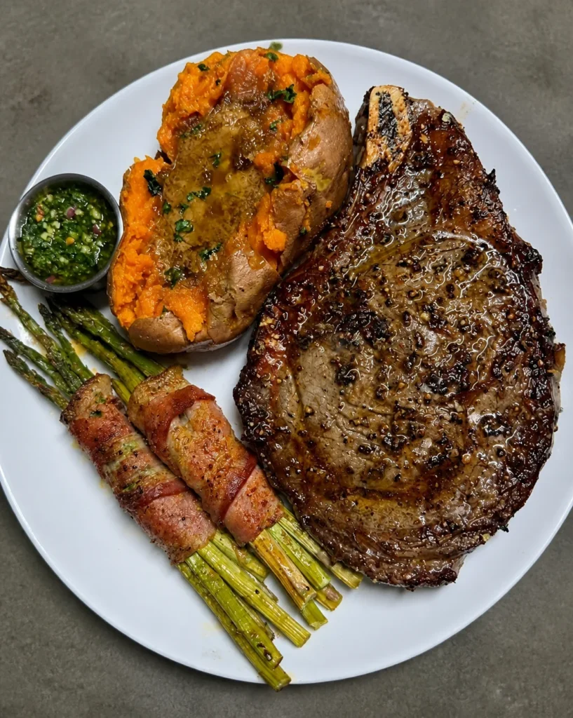 Protein-Packed Bone-in Ribeye with Loaded Sweet Potato, Bacon-Wrapped Asparagus and Crowd-Pleasing Chimichurri