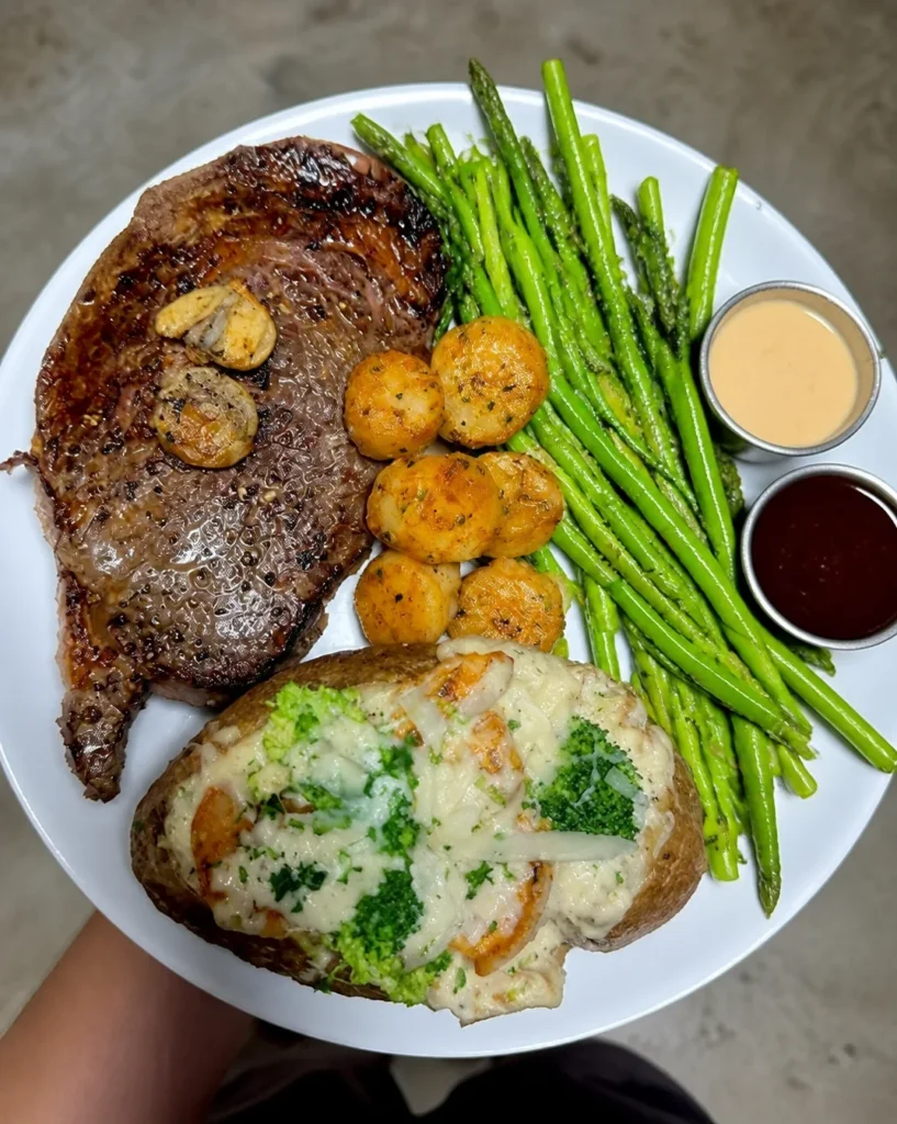 Protein-Packed Ribeye, Shrimp and Broccoli Alfredo on a Loaded Baked Potato Plate