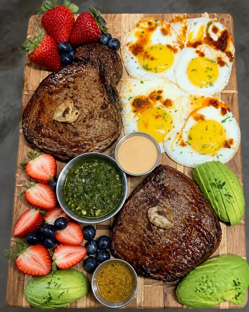 Ribeye and fried eggs board with fruit, avocados and dipping sauces 🔥🔥🔥🔥🔥🔥 Yummy