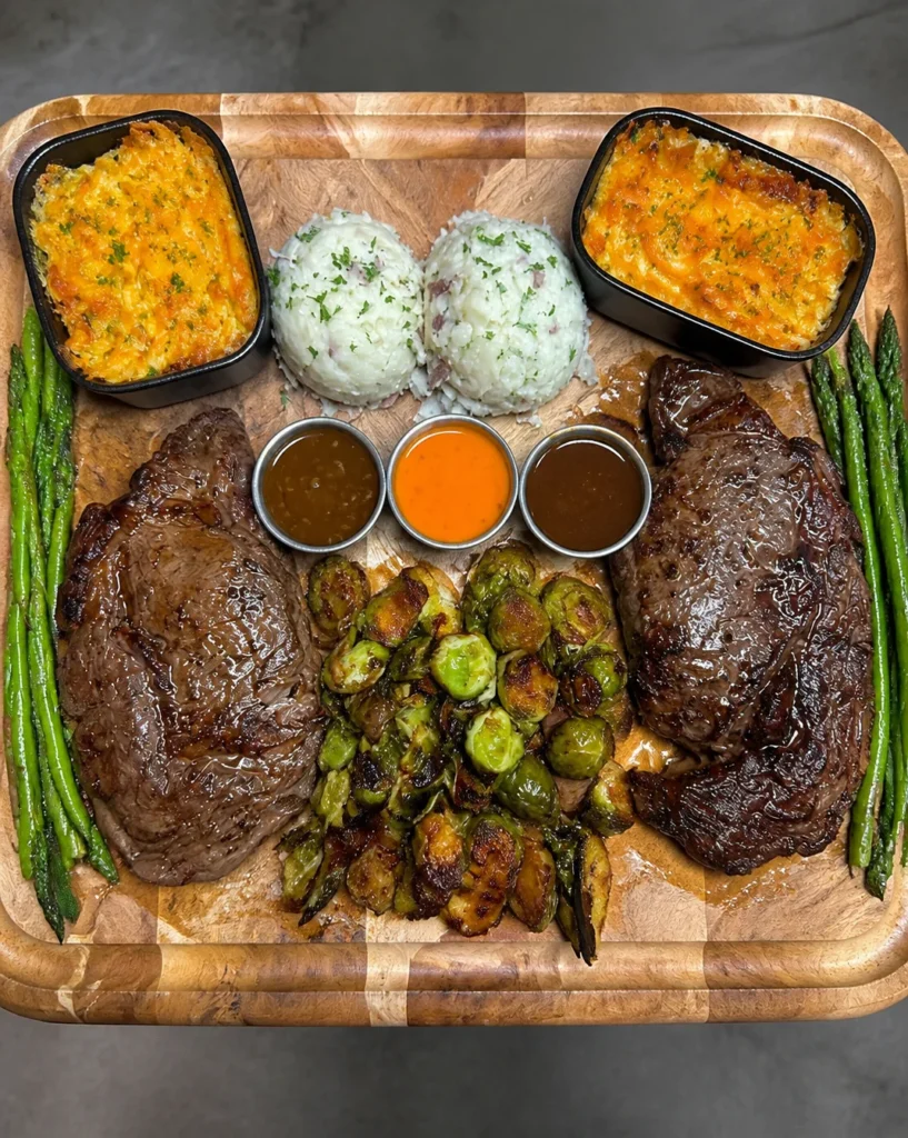 Ribeye Board with Baked Mac, Asparagus, Honey Balsamic Roasted Brussels Sprouts and Mashed Potatoes – Protein-rich, fibre-packed and comforting