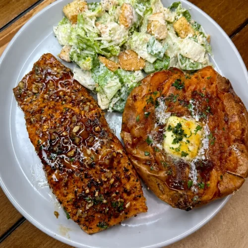 Salmon, Sweet Potato and Caesar Salad Combo: High in Protein, Fibre and Vitamins