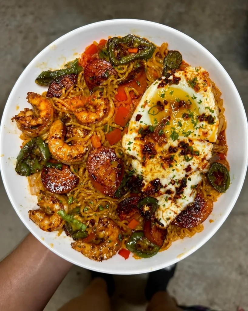 Shrimp and Sausage Stir Fried Ramen with a Chili Oil Fried Egg