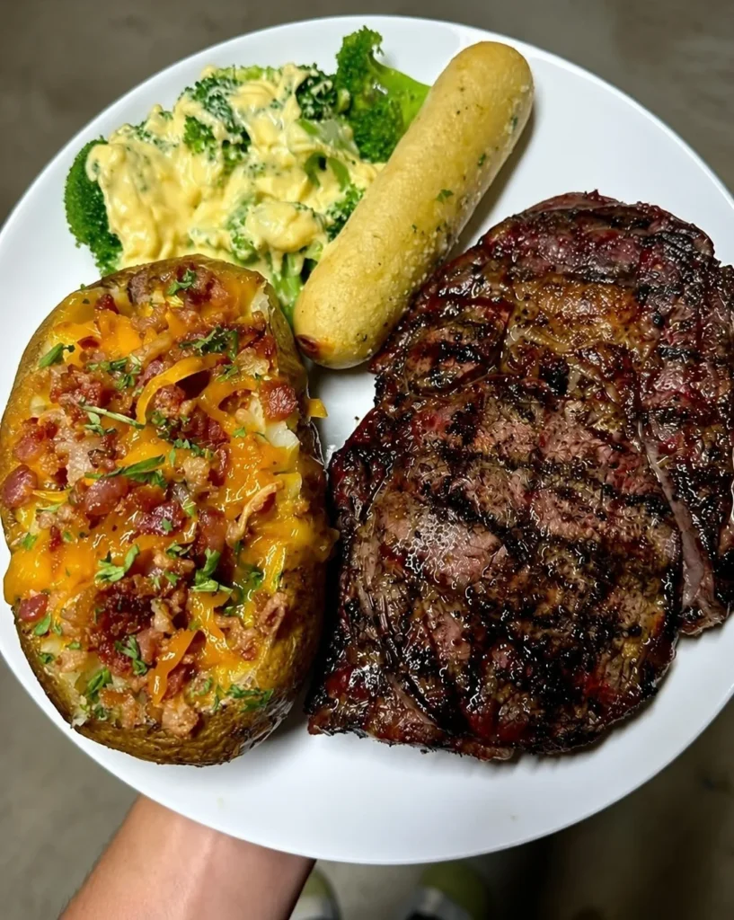 Smoked Ribeye with Cheesy Broccoli and Loaded Baked Potato – a hearty, protein-packed, crowd-pleasing favourite