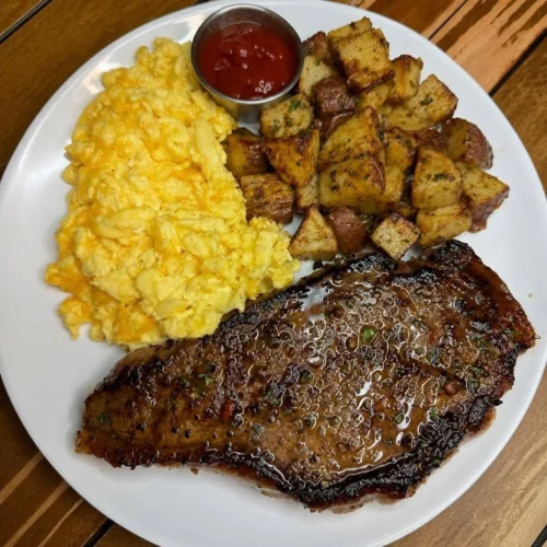 Steak and eggs with fried taters ๐ฅ๐ฅ All I need ๐ฎโ๐จ
