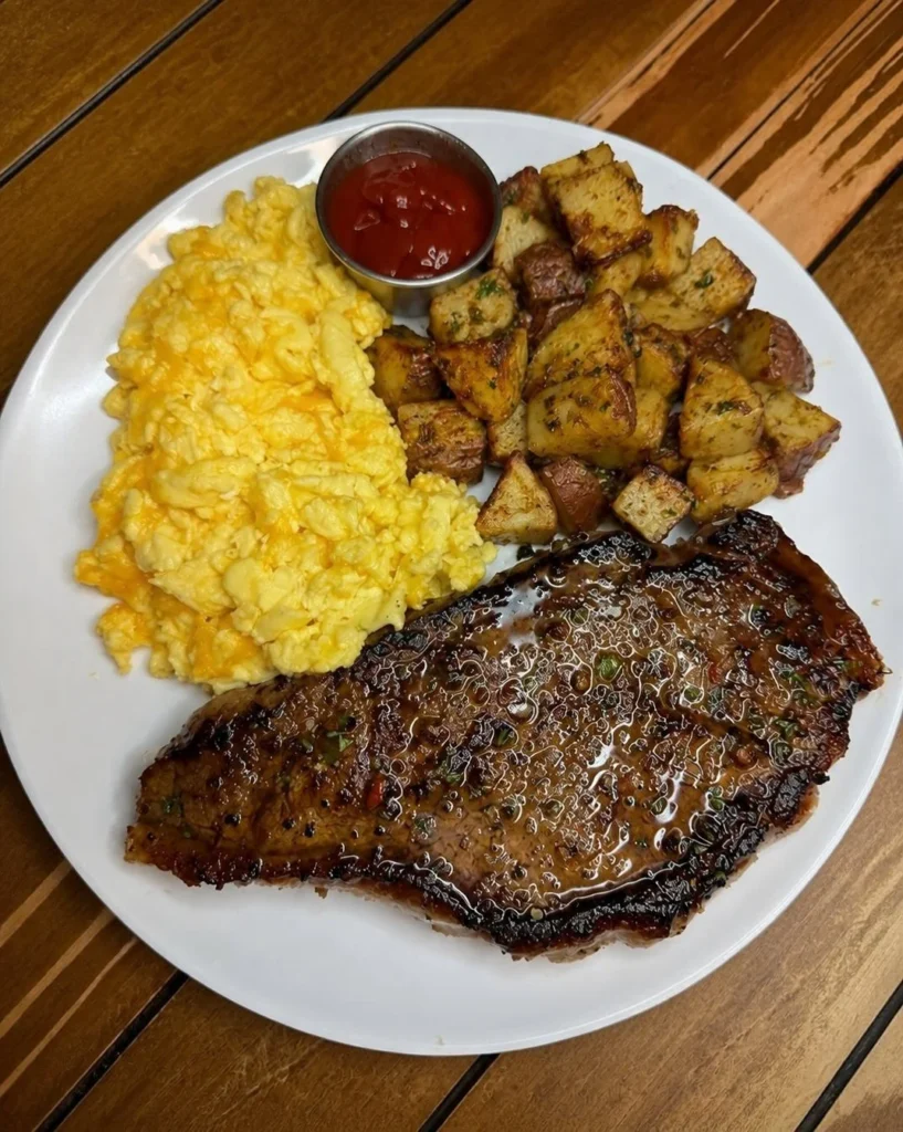 Steak and eggs with fried taters 🔥🔥 All I need 😮‍💨