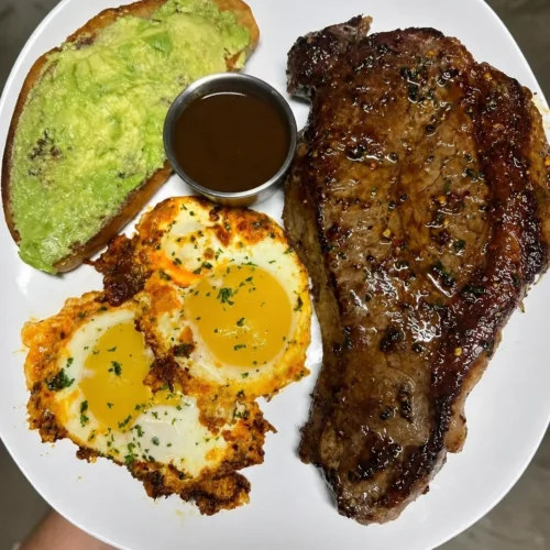 Steak, Crispy Chilli Oil Fried Eggs and Avocado Sourdough Toast – Rich in protein, healthy fats and fibre