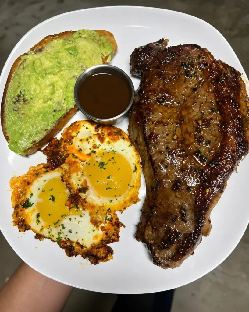Steak, Crispy Chilli Oil Fried Eggs and Avocado Sourdough Toast โ Rich in protein, healthy fats and fibre