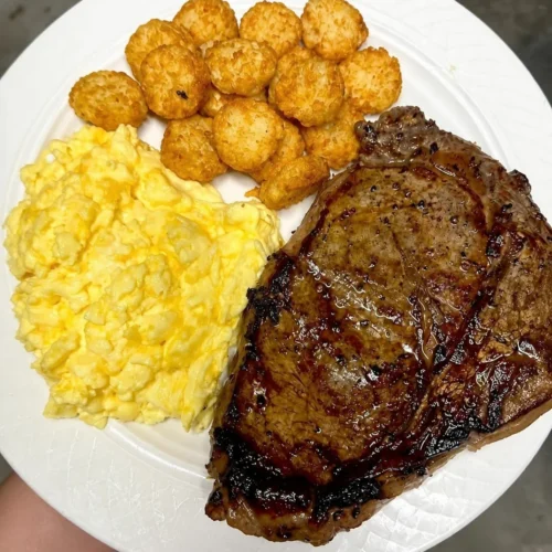 Steak, Eggs, and Fried Potato Rounds: a protein-packed, filling, energy-boosting breakfast