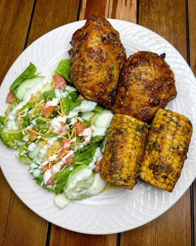 Sticky Honey Garlic Chicken Thighs with Garlic Butter Corn on the Cob & Fresh Salad with Ranch Dressing – Juicy, Quick, and Family-Friendly