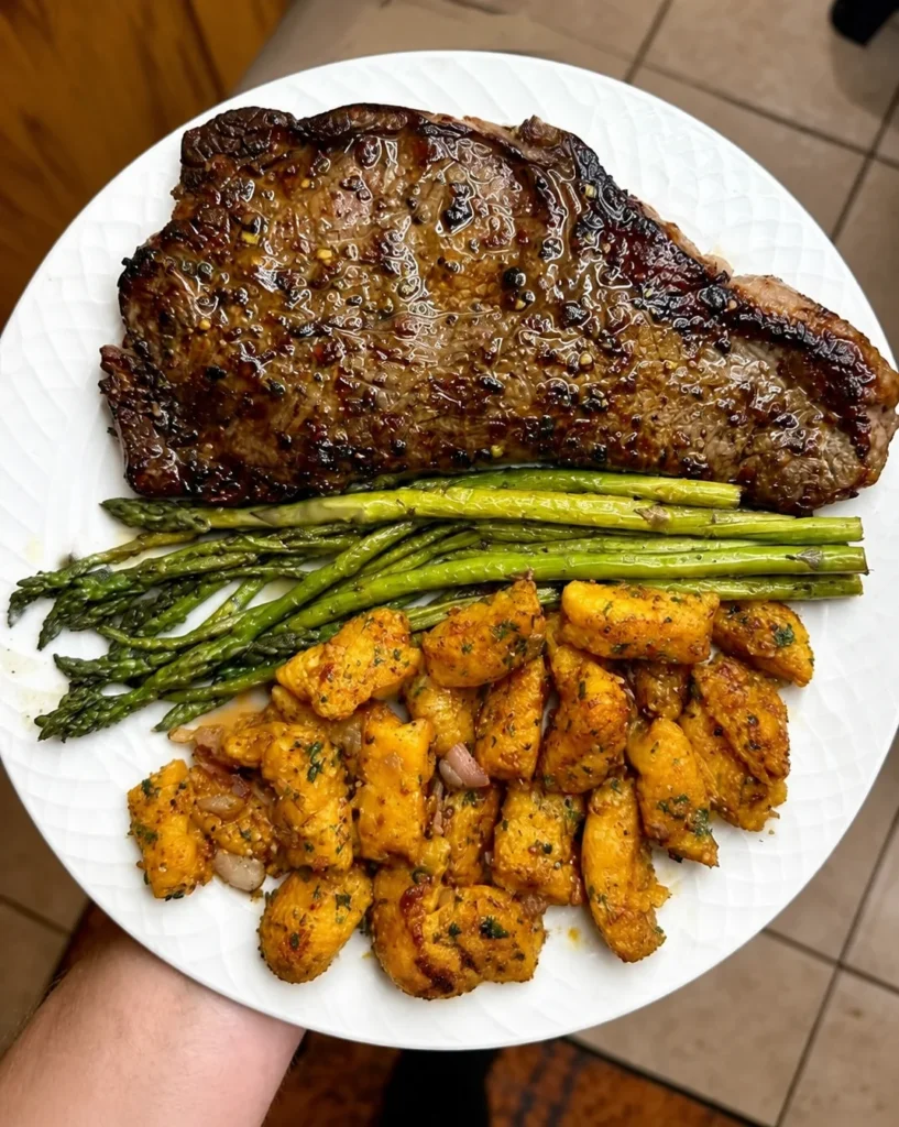 Strip Steak with Handmade Brown Butter and Sage Sweet Potato Gnocchi and Asparagus