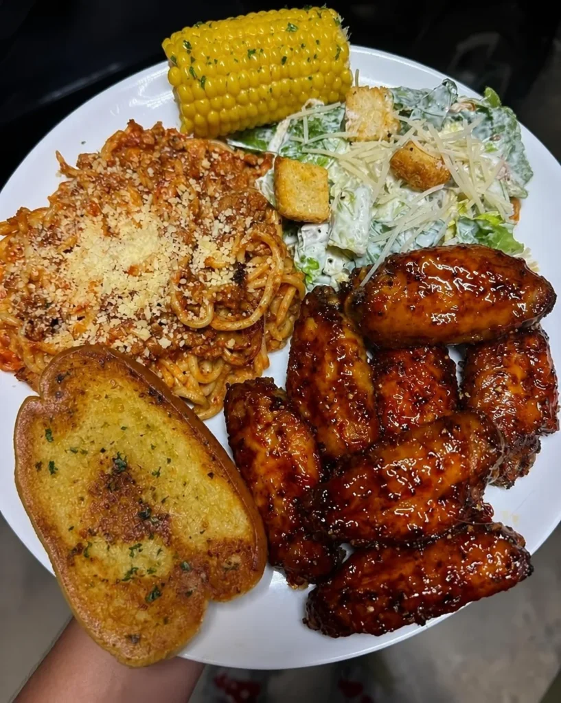 Wings and Sketti Plate with Caesar Salad – Crispy, Satisfying and Fresh
